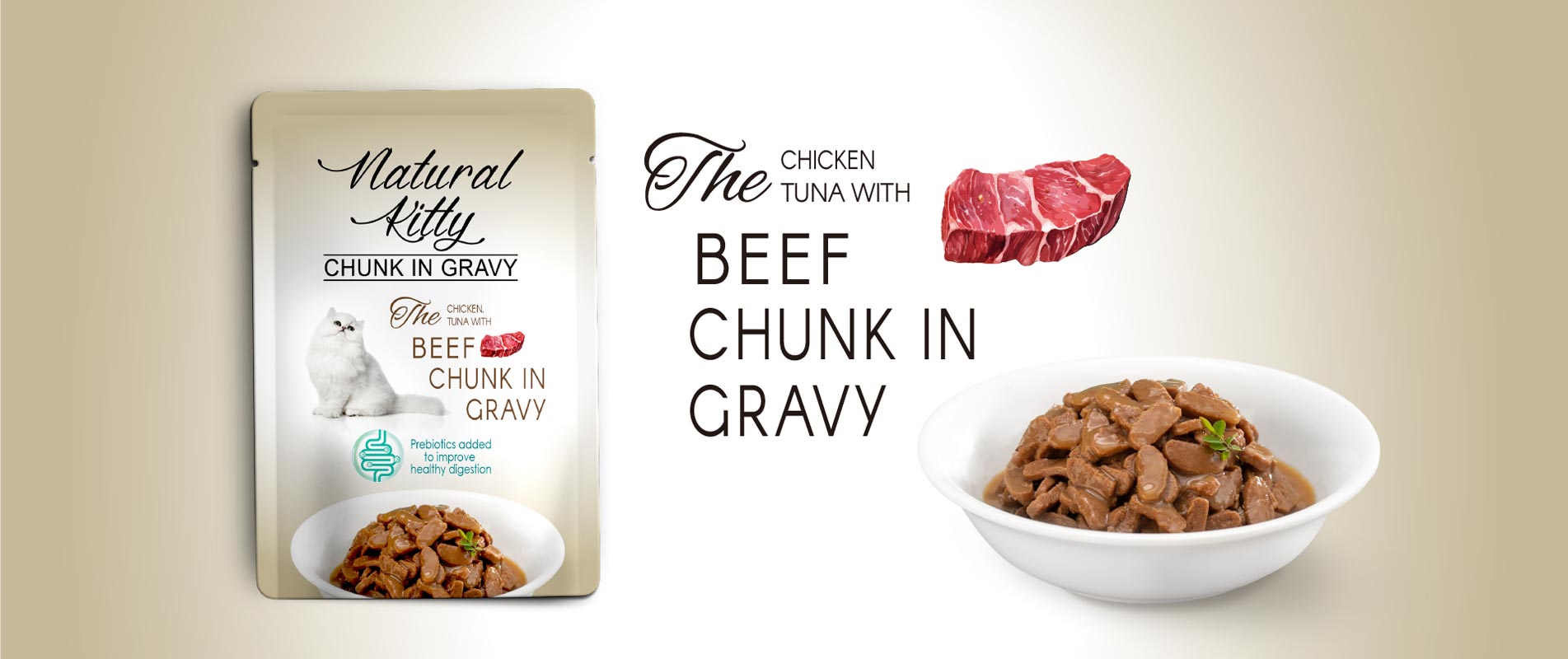 Chicken, Tuna with Beef Chunk in Gravy