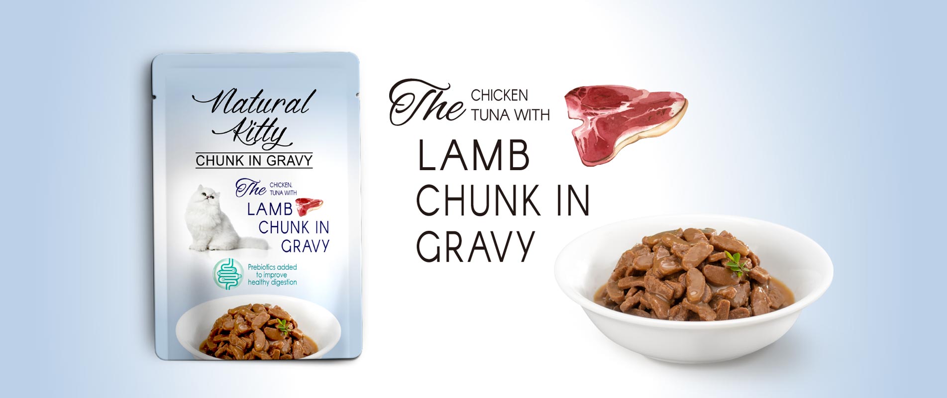 Chicken, Tuna with Lamb Chunk in Gravy
